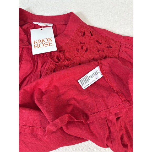 Knox Rose Red Eyelet Boho Tassel Blouse Size Large Flutter Short Sleeve - Picture 9 of 11